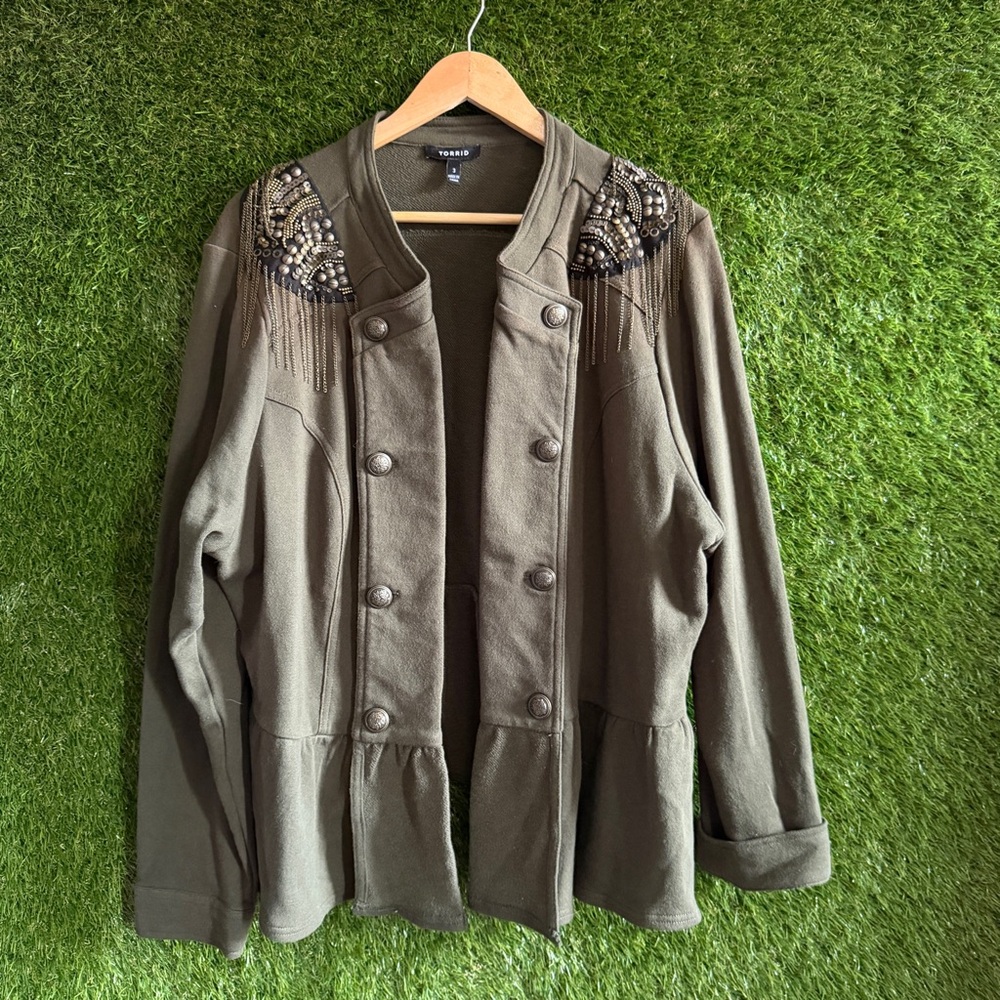 Torrid 3 Embellished Shoulder Knit Peplum Military Style Jacket Plus Curvy 3X